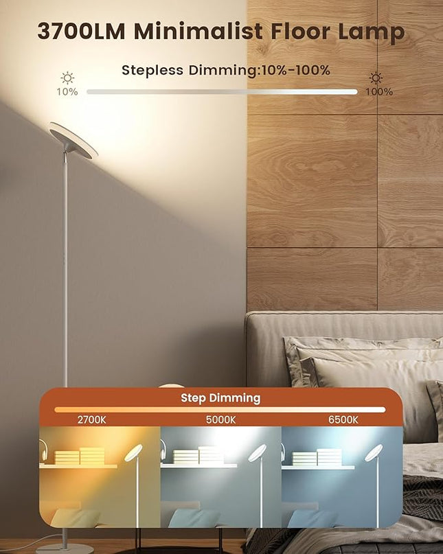 42W Floor Lamp, 3700LM Super Bright Standing Lamp with Side Light & Timer, Tall Lamp with Remote & Touch Control, 2700K-6500K Dimmable Torchiere Floor Lamp for Living Room, Office - LeafyLoom