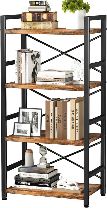Bookshelf, 4 Tier Small Bookcase, Organizers and Storage, Metal Small Bookcase, Rustic Book Shelf Organization and Storage for Living Room, Bedroom, and Home Office(Rustic Brown) - LeafyLoom