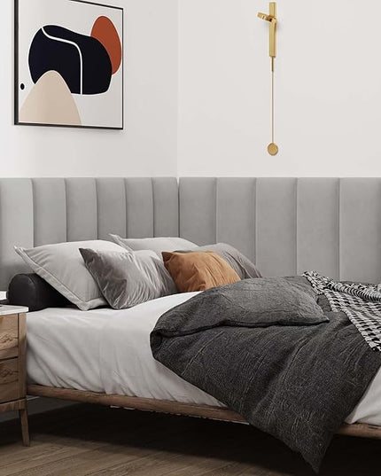 Wall Mounted Upholstered Headboard Queen, 3D Peel and Stick Soundproof Wall Panels, Reusable and Removable Padded Headboard Leather Bed Headboard, 9 Panels Headboard 9.84" x 23.62", Light Grey - LeafyLoom