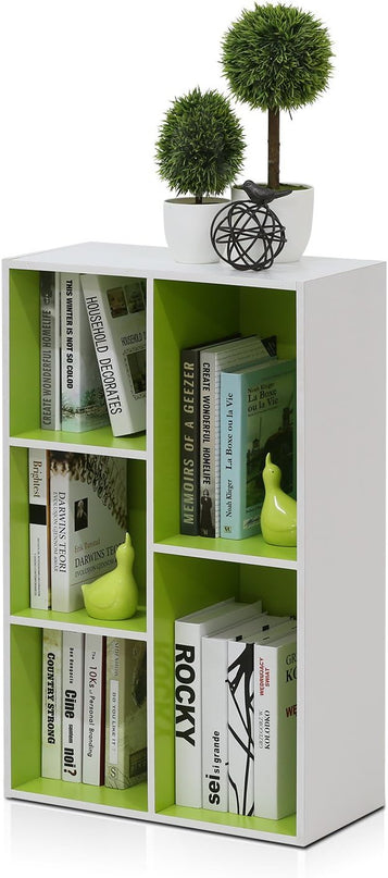 Furinno Luder Bookcase / Book / Storage , 5-Cube, White/Green - LeafyLoom
