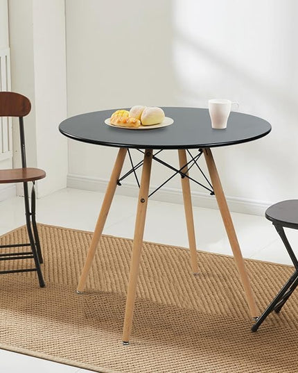 FurnitureR 31.5 Inch Modern Round Dining Table with Wooden Legs for Home Kitchen Living Room Corner Small Spaces Leisure, Black - LeafyLoom