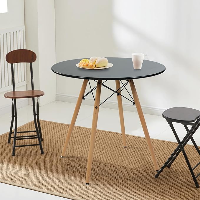 FurnitureR 31.5 Inch Modern Round Dining Table with Wooden Legs for Home Kitchen Living Room Corner Small Spaces Leisure, Black - LeafyLoom