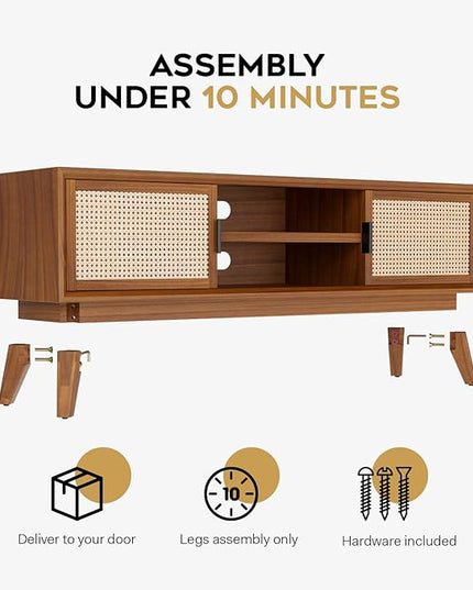 Bme Jasper Premium Solid Wood, 10 Minutes Assembly (Legs Only), Aesthetic Rattan Doors, Mid Century Entertainment Center for Living Room, TV Stand for 65" TV, Dark Chocolate - LeafyLoom