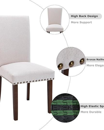 COLAMY 7-Piece Dining Table Set for 6, 60" Kitchen Wood Table with 6 Nailhead Dining Room Chairs, White/Beige - LeafyLoom