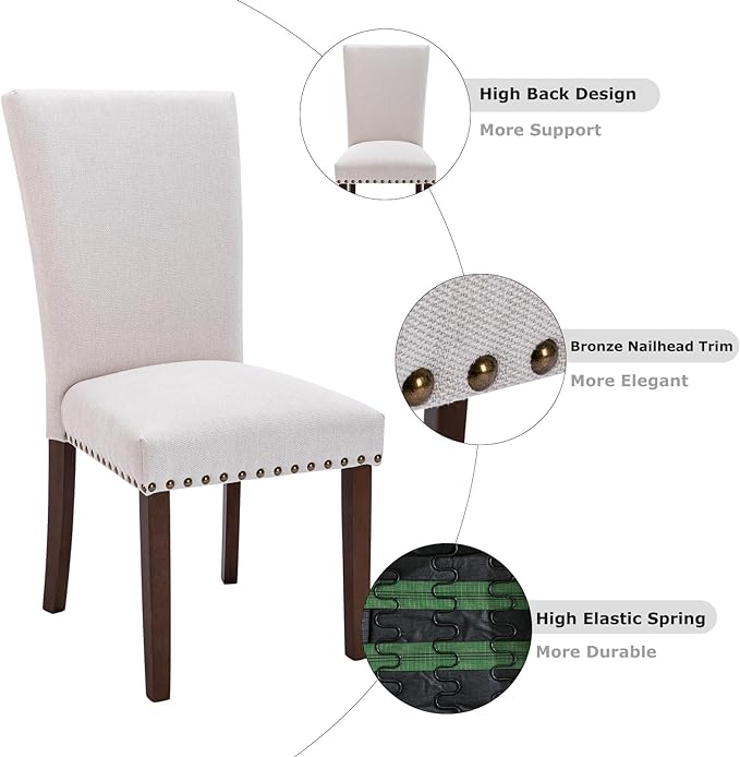 COLAMY Upholstered Fabric Dining Chairs Set of 6, High Back Padded w/Nailed Trim & Solid Wood Legs, Classic Parsons Side Chair for Home/Kitchen/Living Room-Beige - LeafyLoom