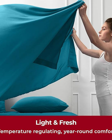Mellanni Queen Sheets Set - 4 PC Iconic Collection Bedding Sheets & Pillowcases - Hotel Luxury, Extra Soft, Cooling Bed Sheets - Deep Pocket up to 16 inch (Queen, Teal) - LeafyLoom