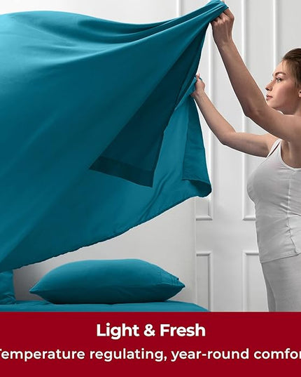 Mellanni California King Sheets Set - 4 PC Iconic Collection Bedding Sheets & Pillowcases - Hotel Luxury, Extra Soft, Cooling Bed Sheets - Deep Pocket up to 16 inch (Cal King, Teal) - LeafyLoom