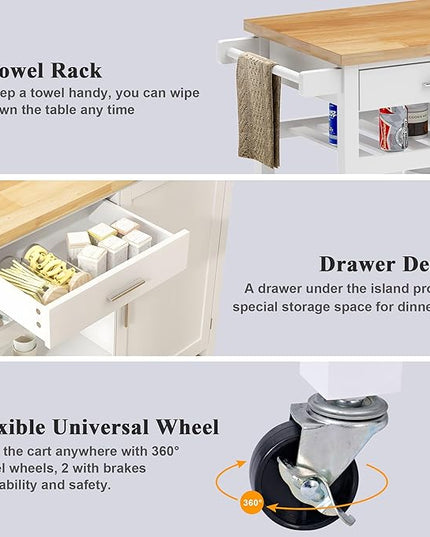 SogesGame Kitchen Island with Storage, Rolling Kitchen Island Cart on Wheels with Drawer, Mobile Kitchen Island with 1-Door Storage Cabinet and 3-Tier Shelves for Living Room, Wine Shelf, Towel Rack - LeafyLoom