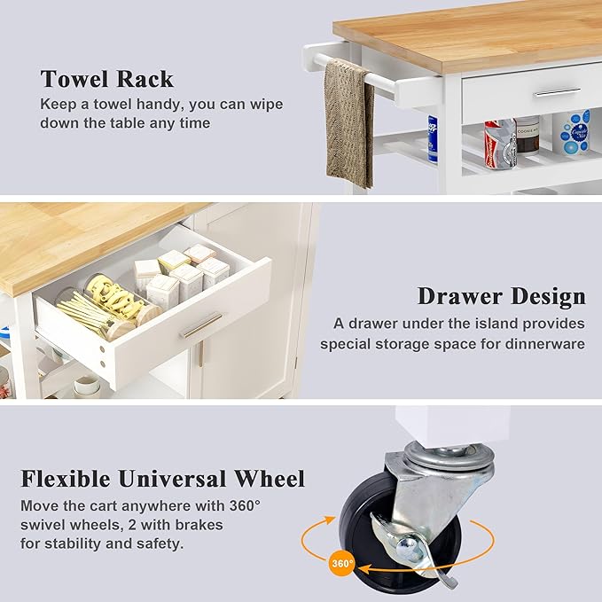 SogesGame Kitchen Island with Storage, Rolling Kitchen Island Cart on Wheels with Drawer, Mobile Kitchen Island with 1-Door Storage Cabinet and 3-Tier Shelves for Living Room, Wine Shelf, Towel Rack - LeafyLoom