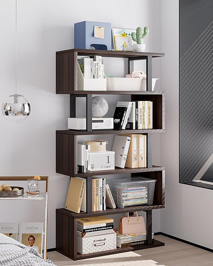 Bookshelf geometric bookcase S Shaped industrial bookshelf Storage Display Stand Shelf for Living Room Bedroom and office Room (Black, 5 Tier) - LeafyLoom