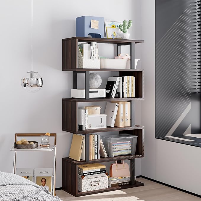Bookshelf geometric bookcase S Shaped industrial bookshelf Storage Display Stand Shelf for Living Room Bedroom and office Room (Black, 5 Tier) - LeafyLoom