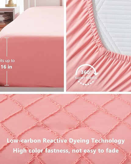 Boho Coral Pink Comforter Set with Jacquard Tufted Design,Farmhouse Bedding Sets for All Seasons,Soft 7 Pieces King Bed in a Bag with Comforter,Flat Sheet,Fitted Sheet,Pillowcases & Shams - LeafyLoom
