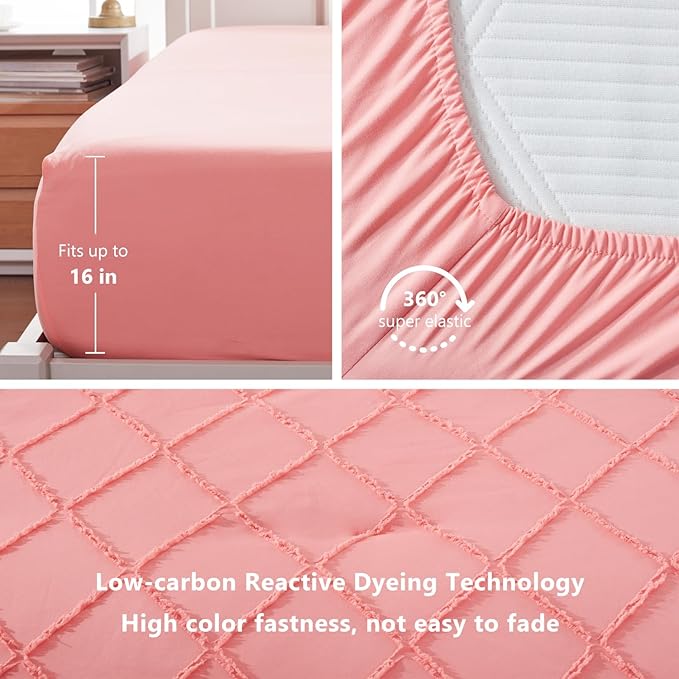 Boho Coral Pink Comforter Set with Jacquard Tufted Design,Farmhouse Bedding Sets for All Seasons,Soft 7 Pieces King Bed in a Bag with Comforter,Flat Sheet,Fitted Sheet,Pillowcases & Shams - LeafyLoom