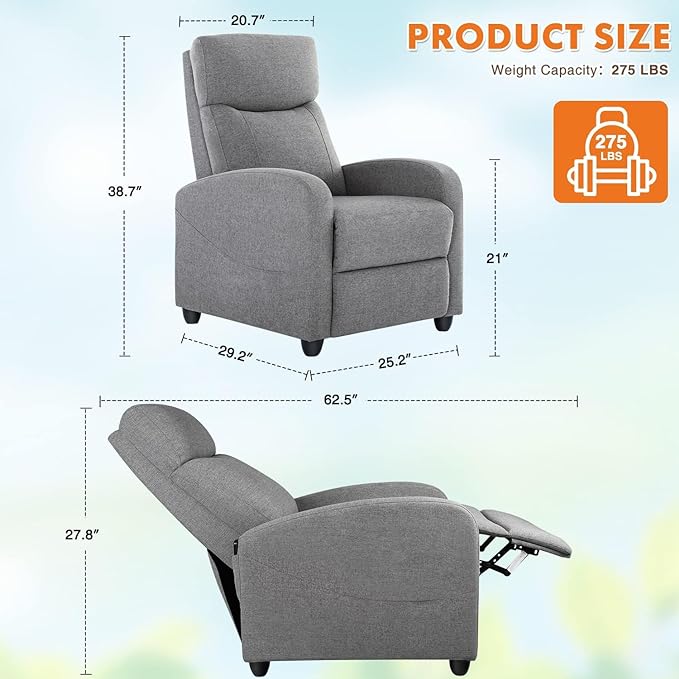 Sweetcrispy Recliner Chair for Adults, Massage Fabric Small Recliner Home Theater Seating with Lumbar Support, Adjustable Modern Reclining Chair with Padded Seat Backrest for Living Room (Deep Grey) - LeafyLoom