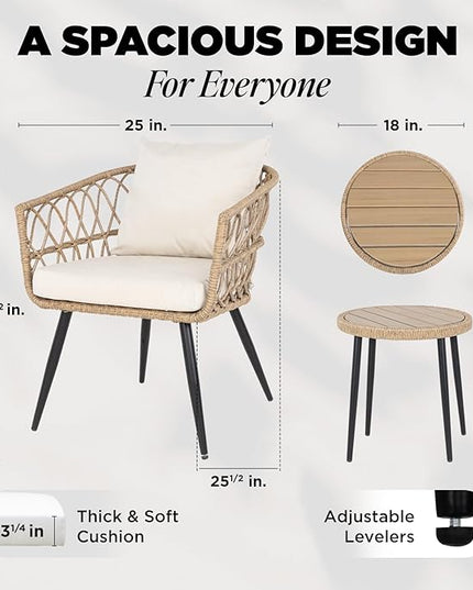 Heavy Duty 500lbs Weight Capacity Bistro Table and Chairs Set of 2 with Olefin Fabric Soft Cushions, Metal Wicker Armchairs Design - LeafyLoom