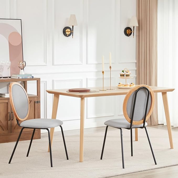 Linen Kitchen Dining Chairs Set of 2 Upholstered Round Back Mid Century Dining Chair for Dining Room Chairs Wood Modern Industrial Metal Dining Chair Indoor - LeafyLoom