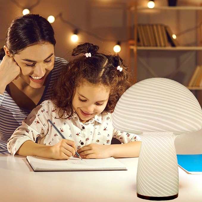 Mushroom Lamp,Glass Table Bedside Lamps,Translucent Vintage Style Striped Small Night Mushroom Decor Light for Ambient,Kids,Bedroom,Living,Gift (Stripe White) - LeafyLoom