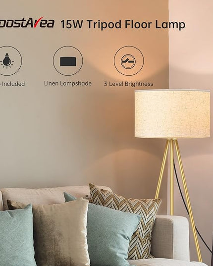 BoostArea Floor Lamp for Living Room, Tripod Floor Lamp, 15W LED Bulb, 3 Levels Dimmable Brightness, Linen Lamp Shade, Mid Century Standing Lamp for Living Room, Bedroom, Study Room and Office(Gold) - LeafyLoom