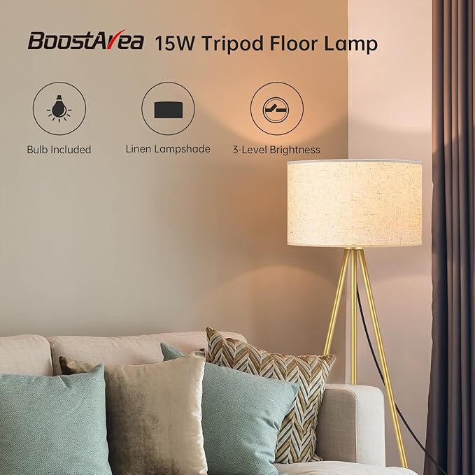BoostArea Floor Lamp for Living Room, Tripod Floor Lamp, 15W LED Bulb, 3 Levels Dimmable Brightness, Linen Lamp Shade, Mid Century Standing Lamp for Living Room, Bedroom, Study Room and Office(Gold) - LeafyLoom