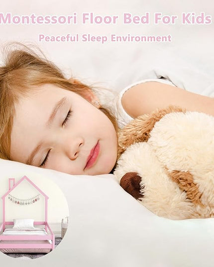 Bellemave Twin Size House-Shaped Headboard Floor Bed with Fences, Wooden Montessori Bed for Kids,House Bed Twin Frame for Girls,Boys (Pink) - LeafyLoom