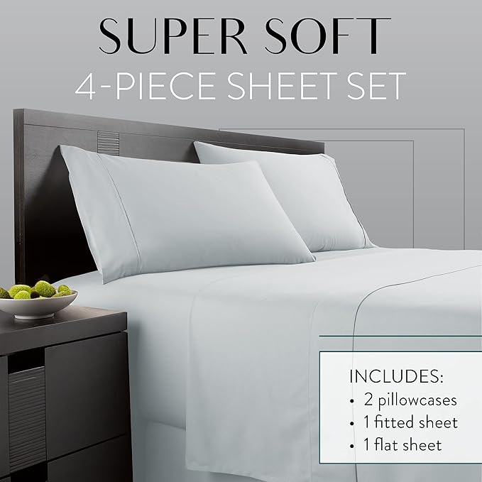 Danjor Linens Twin Sheets Set - Hotel Luxury Essential Bedding - 4 pc Soft Bedding & Pillowcases Set with Deep Pockets - Breathable Bed Sheets, Wrinkle Free - Ice Blue Sheets - LeafyLoom