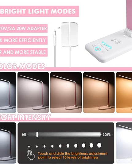 LED Desk Lamp with Wireless Charger, USB Charging Port, Desk Lighting with 10 Brightness, 5 Color Modes, Dimmable Eye Caring Reading Desk Lamps for Home Office, Touch Control, Auto Timer, Pink - LeafyLoom