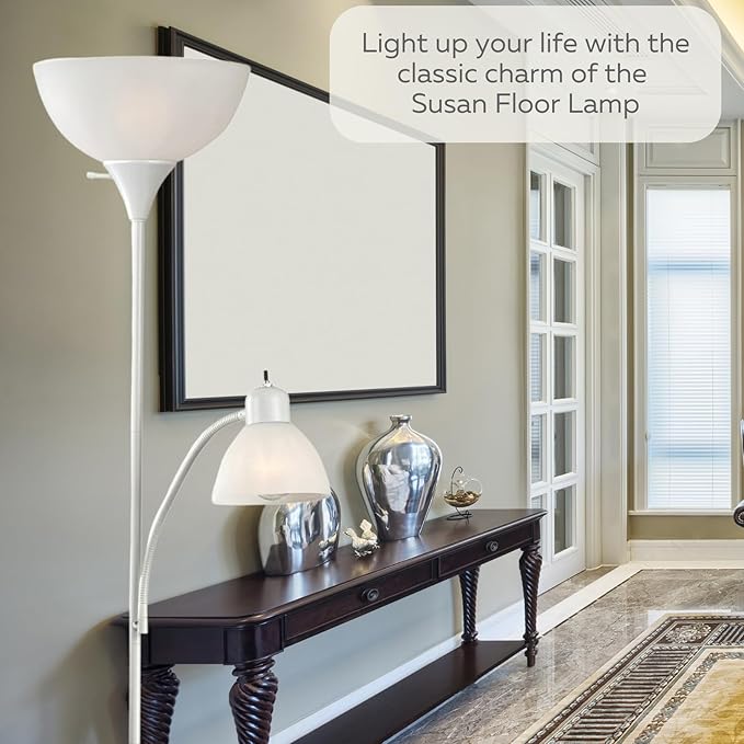 LIGHTACCENTS White Floor Lamp with Opal White Cone Shade – Standing Lamps, Torch Floor Lamps for Living Room, Bedroom – Torchiere, Pole, Super Bright, Corner Lamp (White Finish) - LeafyLoom