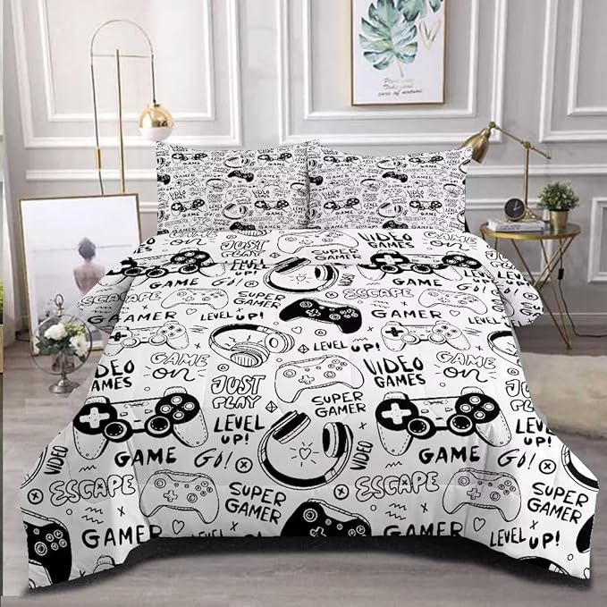Gaming Comforter for Boys Teens,Game Bedding Sets Twin,Kids Gamer Comforter Set,Video Game Bedroom Decor,Gamepad Controller Duvet Insert All Season 3 Piece 1 Comforter and 2 Pillowcases - LeafyLoom