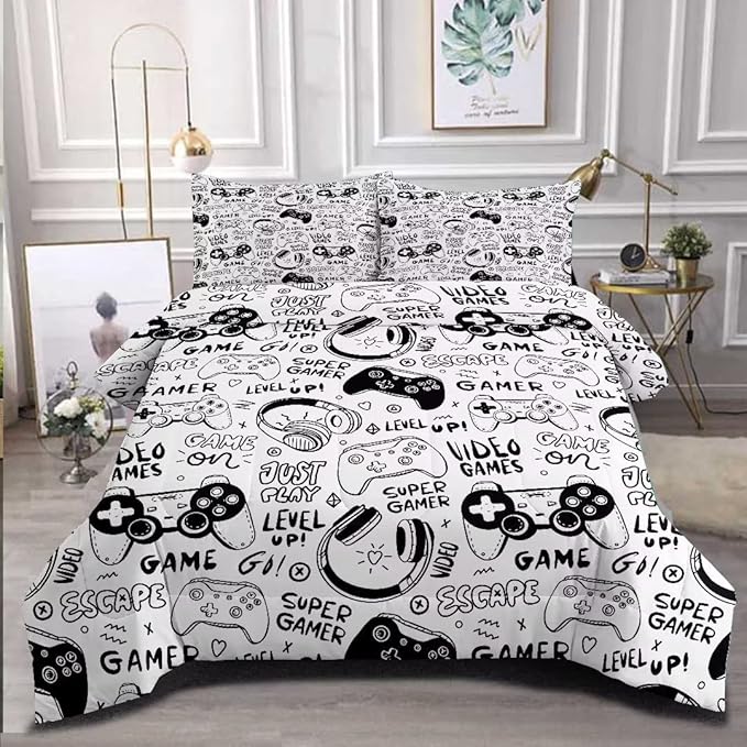 Gaming Comforter for Boys Teens,Game Bedding Sets Full,Kids Gamer Comforter Set,Video Game Bedroom Decor,Gamepad Controller Duvet Insert All Season 3 Piece 1 Comforter and 2 Pillowcases - LeafyLoom