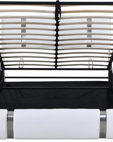 Modern Queen Size Upholstered Faux Leather Platform Bed with a Hydraulic Storage System, Metal Strips Headboard and Footboard, No Box Spring Needed, Sturdy Slat Support, Easy to Assemble - LeafyLoom