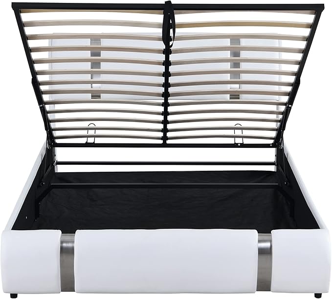 Modern Queen Size Upholstered Faux Leather Platform Bed with a Hydraulic Storage System, Metal Strips Headboard and Footboard, No Box Spring Needed, Sturdy Slat Support, Easy to Assemble - LeafyLoom