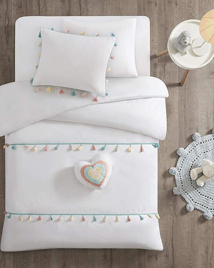 Mi Zone Kids Tessa Cozy Comforter Set, Colorful Fun Design All Season Children Bedding Girls Bedroom Décor, Full/Queen, White with Colorful Tassel 4 Piece - LeafyLoom