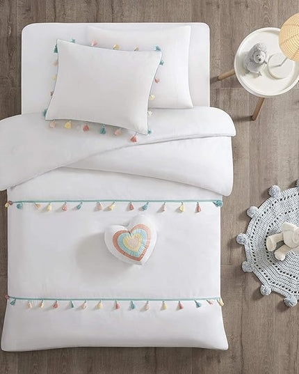 Mi Zone Kids Tessa Cozy Comforter Set, Colorful Fun Design All Season Children Bedding Girls Bedroom Décor, Twin, White with Colorful Tassel 3 Piece - LeafyLoom