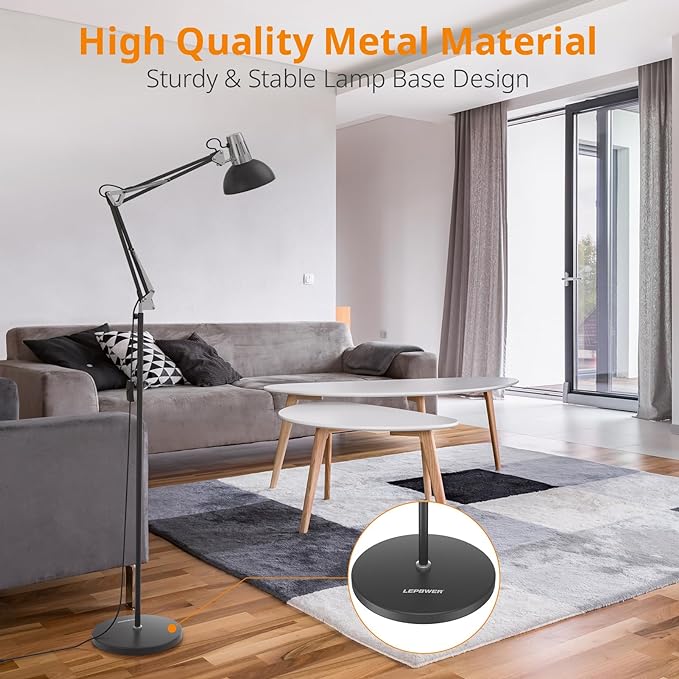LEPOWER Floor Lamp, Swing Arm Floor Lamp, Industrial Floor Lamp with Heavy Metal Base, E26 Lamp Base Standing Reading Lamp, Modern Floor Lamp for Home Office, Living Room, Bedroom Black - LeafyLoom
