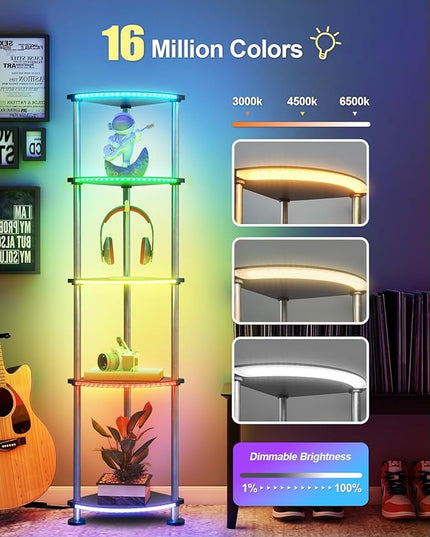 Floor Lamp, Corner Standing Lamp with Shelves, Dimmable Light, Music Sync, Timing, Wireless Charger, and USB Port (Black, 5 Tiers) - LeafyLoom