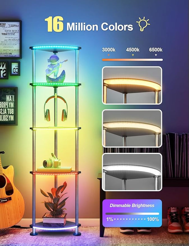 Floor Lamp, Corner Standing Lamp with Shelves, Dimmable Light, Music Sync, Timing, Wireless Charger, and USB Port (Black, 5 Tiers) - LeafyLoom