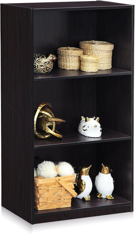 Furinno Basic 3-Tier Bookcase Storage Shelves, Dark Walnut - LeafyLoom