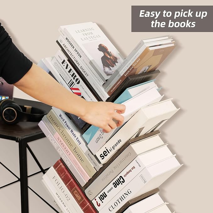 10 Tier Tree Book Shelf, Floor Standing Wood Bookshelf for Narrow Space, Storage Organizer Bookshelves for Books/CDs/Magazine, Bookcase with Shelves for Home Office, Living Room - Light Grey - LeafyLoom