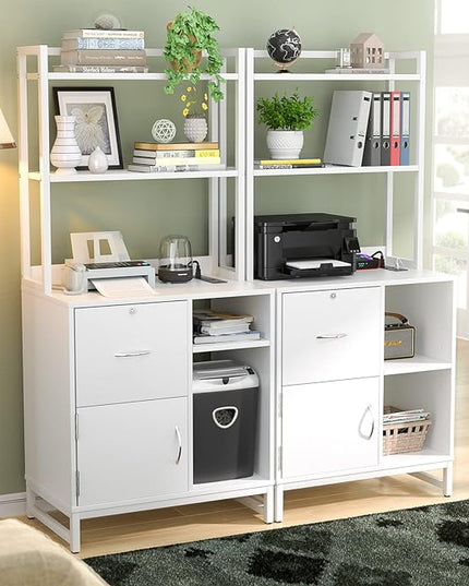 Homieasy Vertical Filing Cabinet with Lock & Charging Station, Large Drawer Wood File Cabinet with Bookshelf, Printer Stand with Open Storage Shelf, fits Letter Size for Home Office, White - LeafyLoom