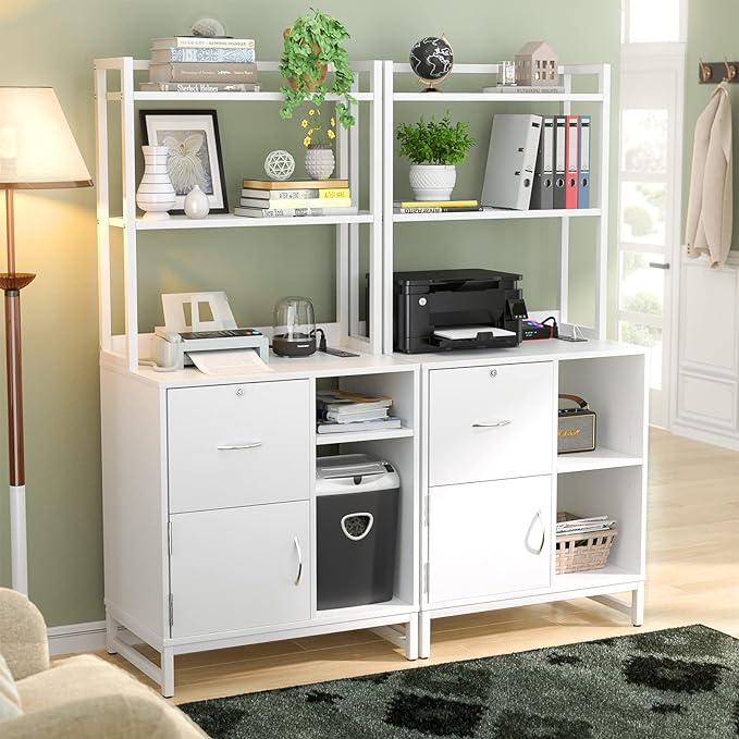 Homieasy Vertical Filing Cabinet with Lock & Charging Station, Large Drawer Wood File Cabinet with Bookshelf, Printer Stand with Open Storage Shelf, fits Letter Size for Home Office, White - LeafyLoom