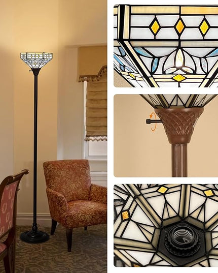Capulina Tiffany Torchiere Floor Lamp 70 Inches Tall Industrial Dark Bronze Pole Mission Hexagon Virgin Style Stained Glass Torch Standing Light Decor for Living Room Bedroom Home Office - LeafyLoom