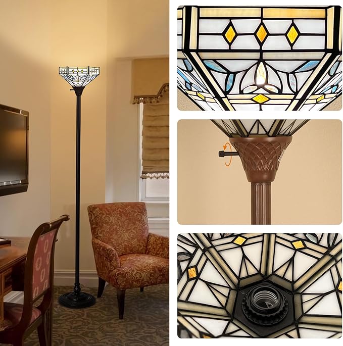 Capulina Tiffany Torchiere Floor Lamp 70 Inches Tall Industrial Dark Bronze Pole Mission Hexagon Virgin Style Stained Glass Torch Standing Light Decor for Living Room Bedroom Home Office - LeafyLoom