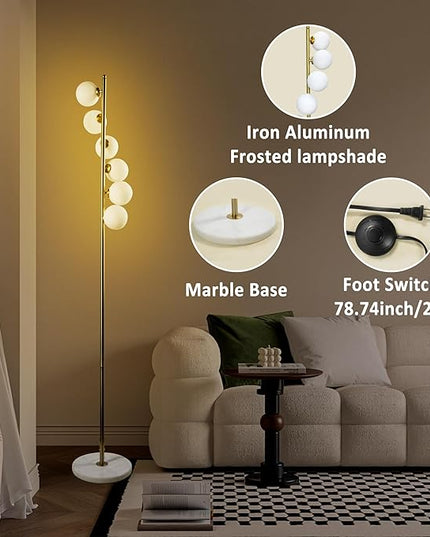 6 Globe Floor Lamp, Using Medieval Modern Floor Lamps, Including Frosted Glass lampshades and Modern Gold Floor Lamps with Light Bulbs, Living Room, Bedroom, and Office Decorations - LeafyLoom