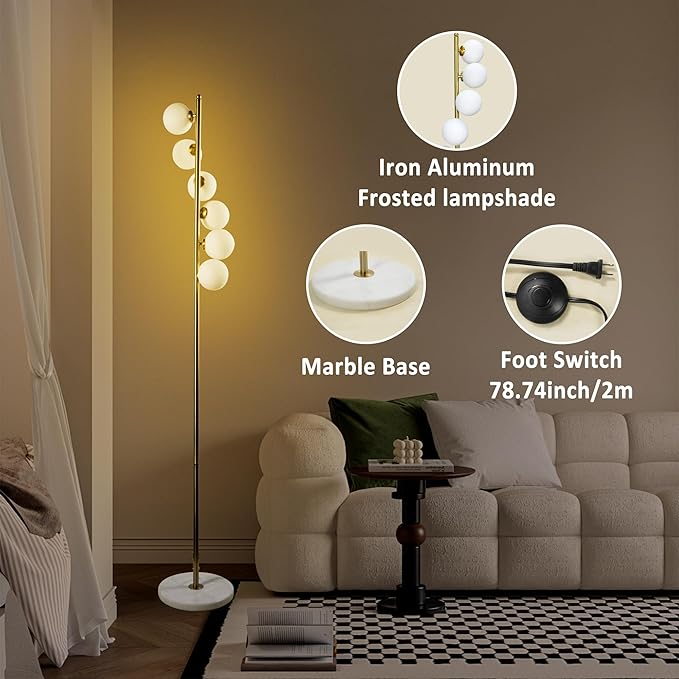 6 Globe Floor Lamp, Using Medieval Modern Floor Lamps, Including Frosted Glass lampshades and Modern Gold Floor Lamps with Light Bulbs, Living Room, Bedroom, and Office Decorations - LeafyLoom