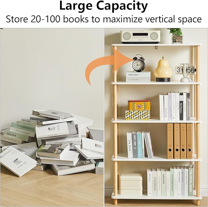 IBUYKE 5-Tier Wooden Open Bookcase - Modern Freestanding Bookshelf Storage Organizer,Standing Shelf Units,Multifunctional Display Stand for Bedroom, Living Room & Home Office,White WBC005W - LeafyLoom
