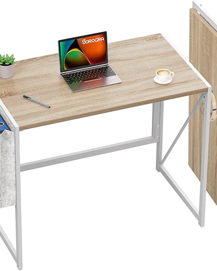 Folding Desk, Small Foldable Desk 31.5 Inch for Small Space, Computer Table Home Office Writing Desk with Storage Bag Headphone Hook, Easy Assembly, OAK - LeafyLoom