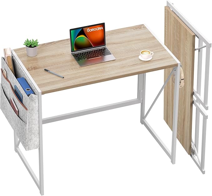 Folding Desk, Small Foldable Desk 31.5 Inch for Small Space, Computer Table Home Office Writing Desk with Storage Bag Headphone Hook, Easy Assembly, OAK - LeafyLoom