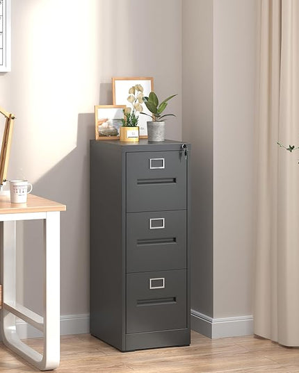 3 Drawer File Cabinet,Metal Filing Cabinets with Lock,Black Vertical File Cabinet for Home Office,Heavy Duty Metal Storage Cabinet for A4/Letter/Legal Size File,Assembly Required - LeafyLoom