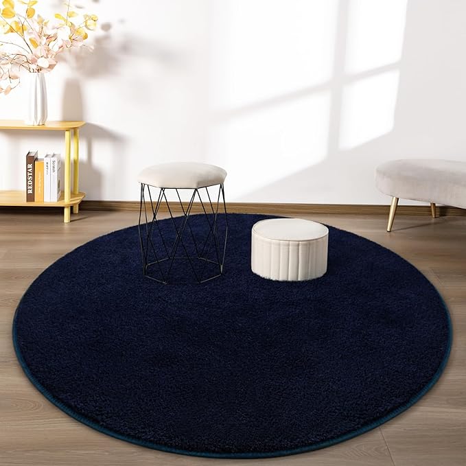 Round Area Rugs for Bedroom Living Room, 5x5 Navy Blue Super Soft Comfy Thickened Memory-Foam Indoor Circle Carpets, Modern Aesthetic Minimalist Carpet for Boys Girls Adults Nursery Home Décor - LeafyLoom