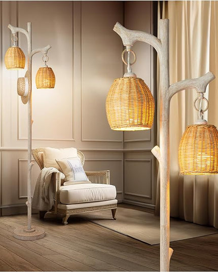 68" High Farmhouse Rustic Country Cottage Floor Lamp Tree Trunk Faux Wood Column White Washed Wicker Drum Shade Decor for Living Room Bedroom Reading Room - LeafyLoom